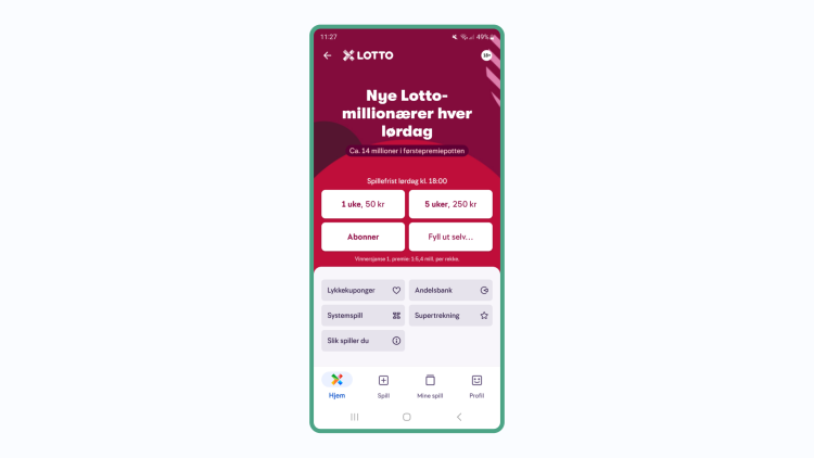 Hvordan levere Lotto med tilfeldig valgte tall på Norsk Tippings app guide image